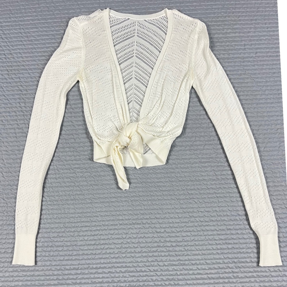 Cream Pointelle Tie Front Cropped Cardigan Sweater Rayon Knit Womens